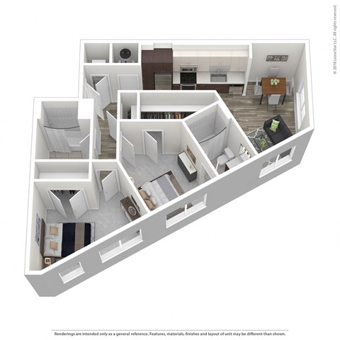 A 3D floor plan of a house with multiple rooms.